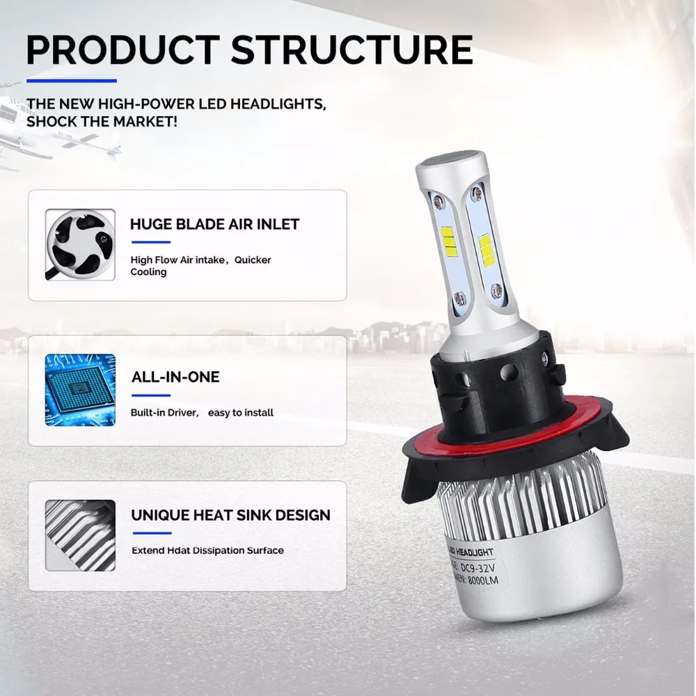 H13 9008 автомобильная светодиодная лампа для фары Hi/Lo Beam CSP 8000LM 72W 6500K все в одном