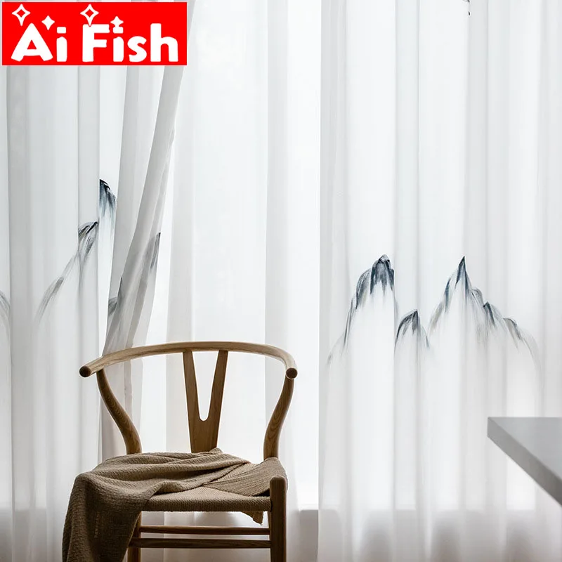 

Chinese Chiffon Hand-painted Craft Window Tulle White Beautiful Gauze Landscape Painting Curtains For Living Room Drape MY110#40