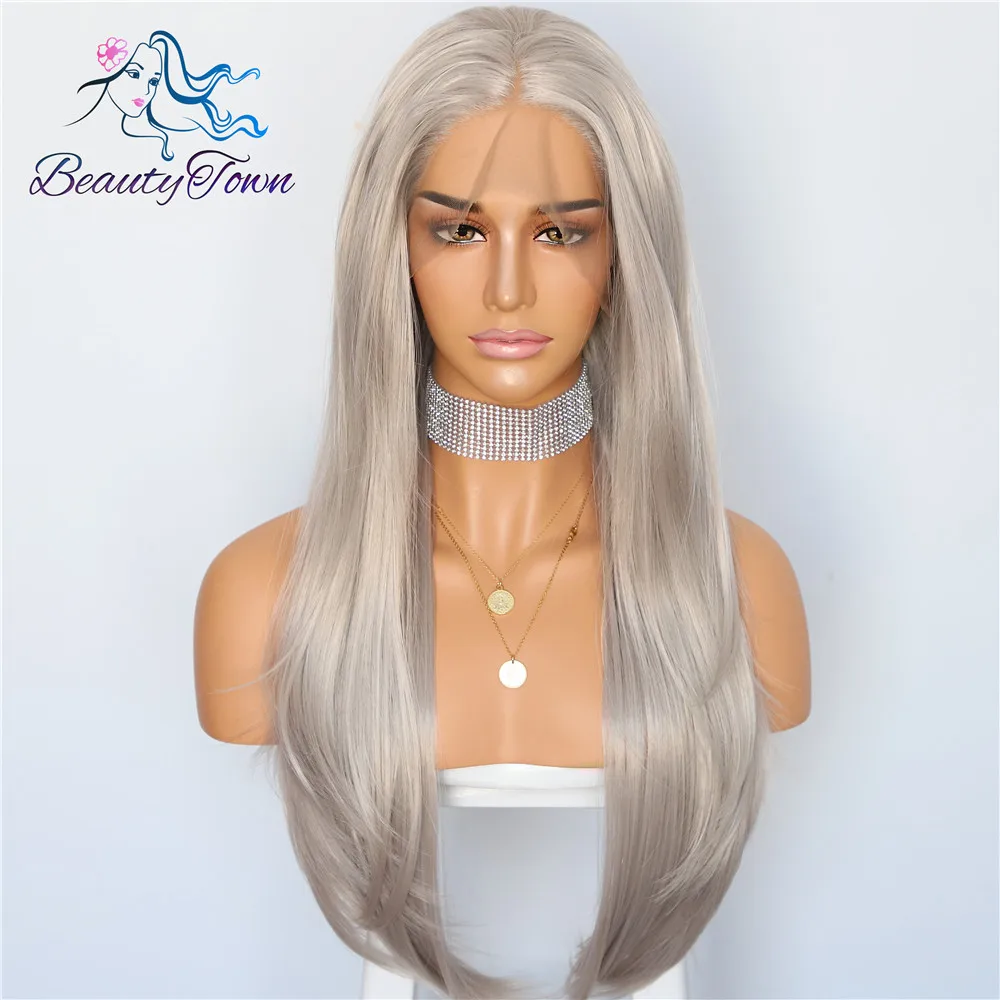 BeautyTown Платиновый Серый свободная волна Glueless термостойкие волосы естественная волна длинные мягкие вечерние синтетические кружевные передние серые парики