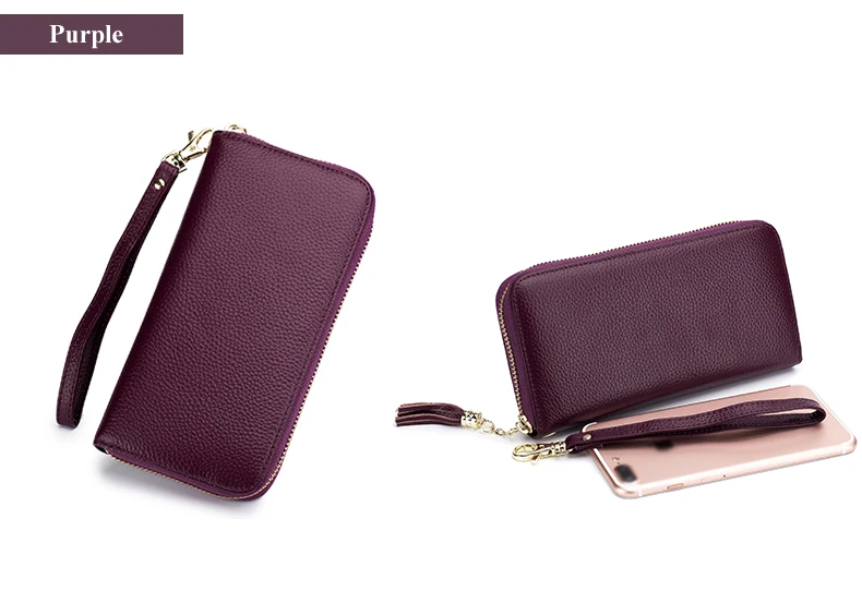Lomelobo Unisex Tassel Long Wallet Genuine Leather Women Men Litchi Cowhide Leather portomonee Boy Girl Credit Card Holder Purse HPLA218 Details (19)