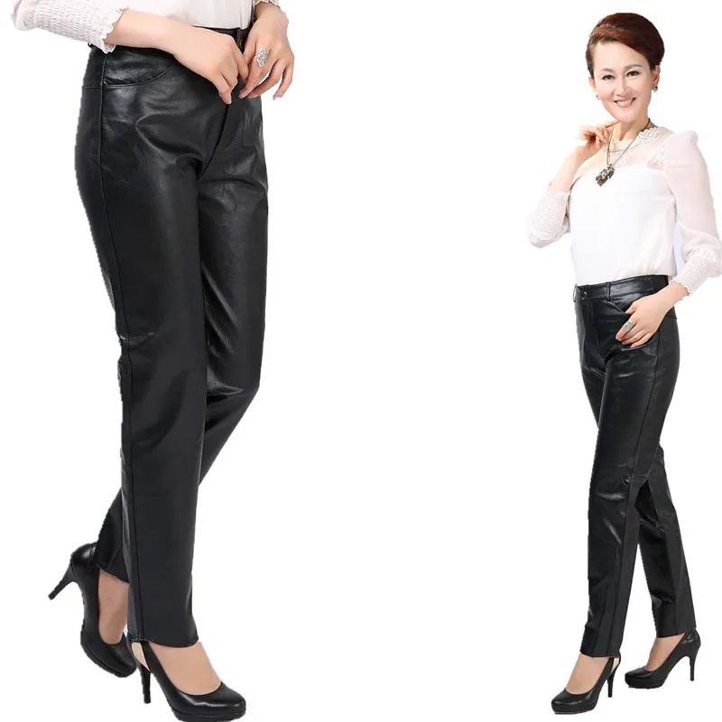 

New Fashion Women Soft Leather Pants Female Casual Leggings Long Trousers Black Plus Size M-4XL