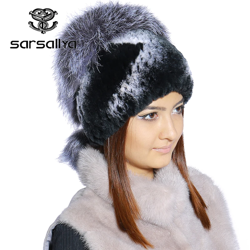 

SARSALLYA Winter fur hat for women real rex rabbit fur hat with silver fox fur flower knitted beanies sale women fur cap