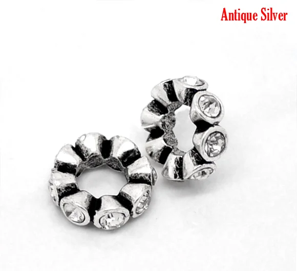 

European Style Charm Zinc alloy Beads Round Antique Silver White Rhinestone About 12mm Dia,Hole: Approx 6mm,1 Pc