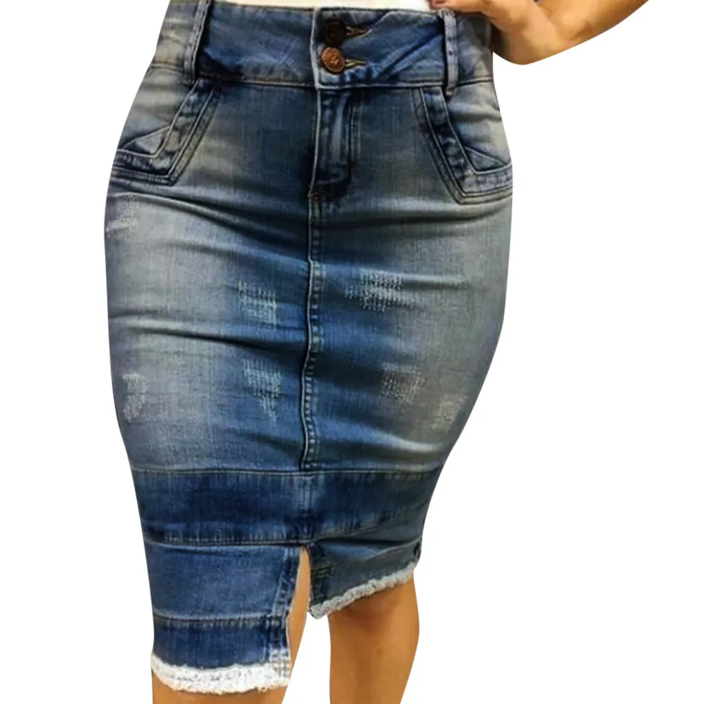 

Plus Size S-5XL Pencil Denim Skirts Womens Fashion High Waist Ripped Destroyed Bodycon Skirt Split Midi Skirt Faldas Mujer Moda