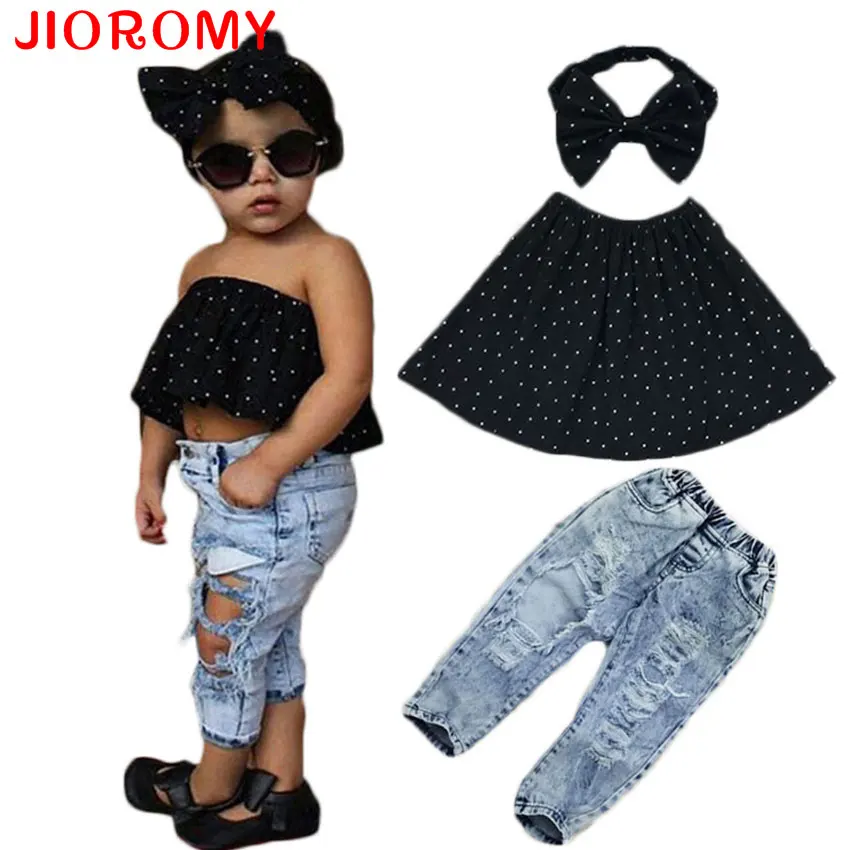 2017 INS New Arrival Girls Suit Tops Headband Jeans 3 Pieces Set Fashion Hole Jeans Dot