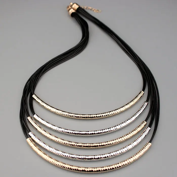 2016 New Jewelery Accessories Metal Tube Multilayer Black Leather Chain Necklaces for Women Statement Necklaces & Pendants X1646 2016 New Jewelery Accessories Metal Tube Multilayer Black Leather Chain Necklaces for Women Statement Necklaces & Pendants X1646