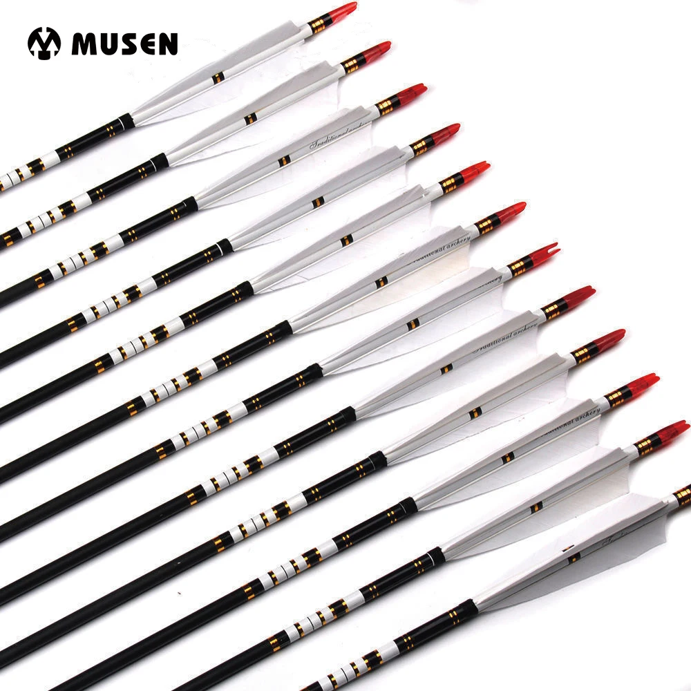 Online UNS 31 33 zoll Bogenschießen Carbon Pfeile Welle Wirbelsäule 500 OD 7,6 MM ID 6,2mm Türkei Feder Für Recurve Jagd praxis