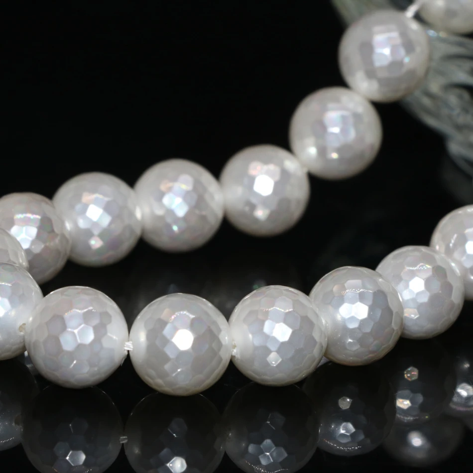

Wholesale price natural white shell pearl 12mm faceted round loose beads women free shipping elegant jewelry making 15inch B2269