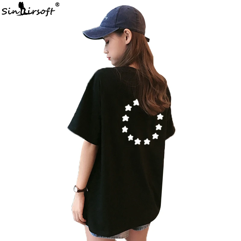

Simple Loose T Shirt Harajuku Style Star Pattern Letter Print Tops Women O-Neck Tees Shirt Clothing White Black Pink Summer 2019