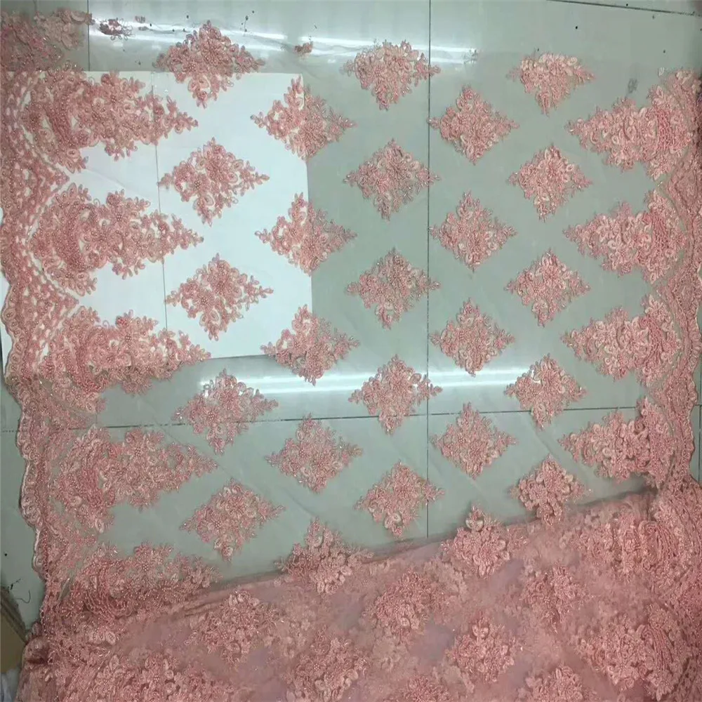 

Light coral Nigerian Tulle lace fabric High quality Modish style Mesh lace fabric for elegant dress A481-2