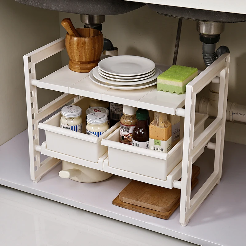 

Multi-Functional Adjustable Under Sink 2-Tier Expandable Shelf Storage Organizer Adjustable Stainless Steel Kitchen Sink Rack