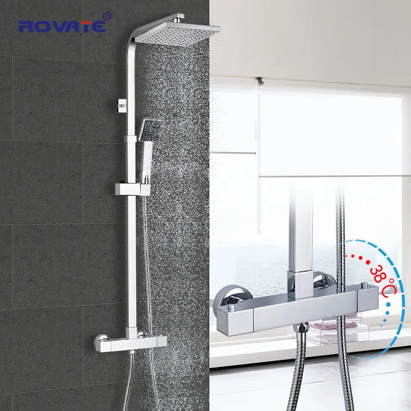 Online ROVATE Badezimmer Thermostat Dusche Set, Konstante Temperatur Control Bad Wasserhahn Dusche System, Messing Chrom