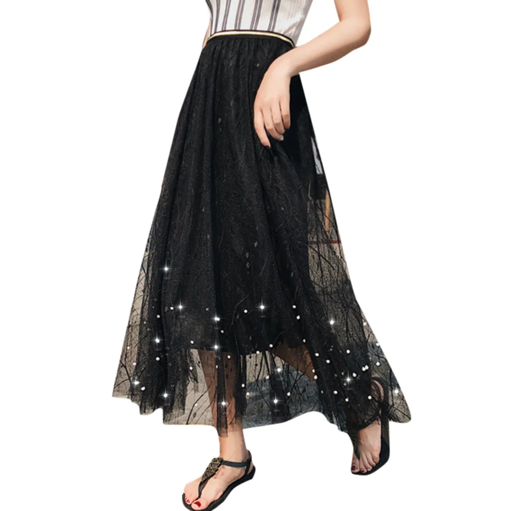 

Women's Skirt Skirts faldas jupe femme shein Women Spring Summer Elastic High Waist Long Mesh Skirt Womens Tutu Maxi Pleated #50