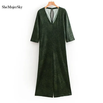 

SheMujerSky Green Overalls For Women Geometric Print Jumpsuits Loose Autumn Rompers Wide Leg Jumpsuit