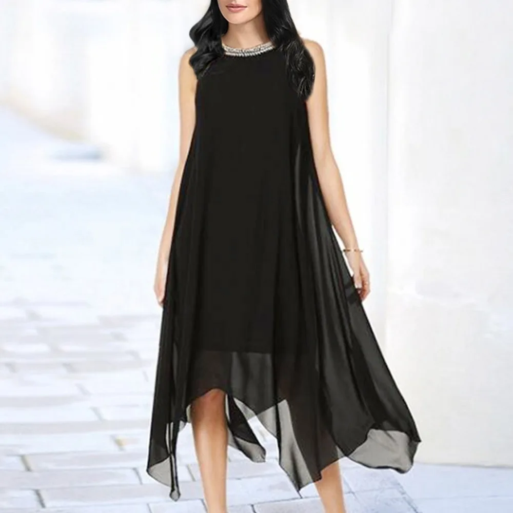 Chiffon Thin Lightweight Summer Sleeveless Dress Casual Sleeveless Beads Collar Irregular Hem Solid Party Dress 40MY15 (4)