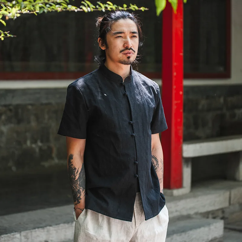 

2019 Summer Original New Men's wear 100% cotton Short sleeve Chinese style Stand collar Knot buckle Men's shirts D312