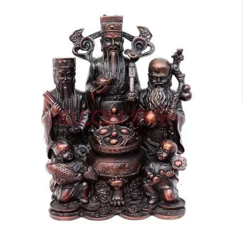 

Chinese Brass Wealth Treasure Bowl Kid Child 3 Happy FuLuShou God Bronze Statue