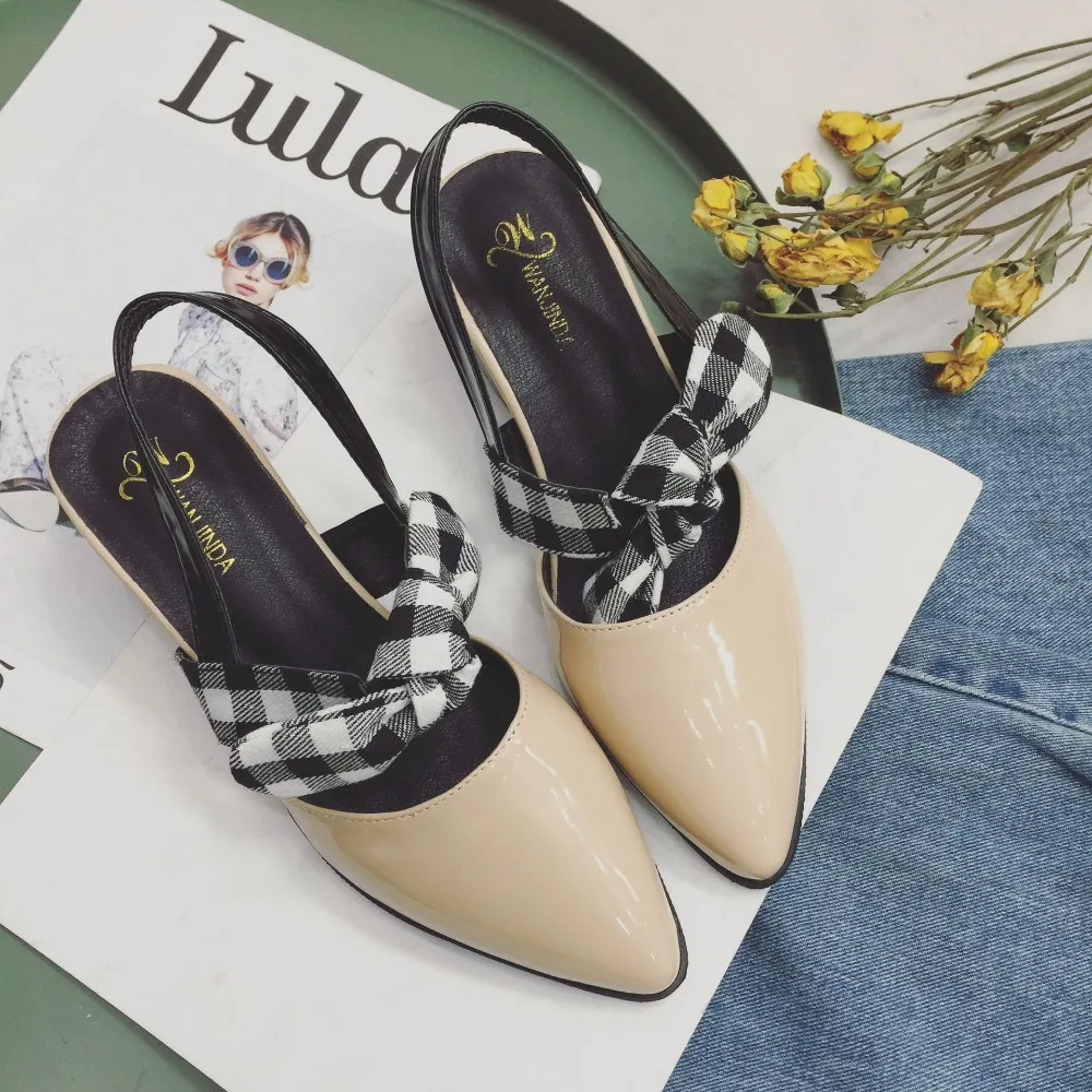 

Summer new Korean version of pointed high-heeled sandals women's wild plaid bow thick with patent leather shoes.