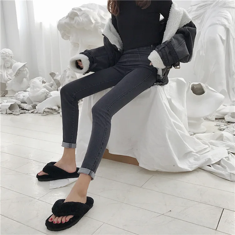 Индивидуальная сторона на молнии, с завышенной талией длина ноги Тонкий похудение Черные Серые джинсы карандаш брюки женские