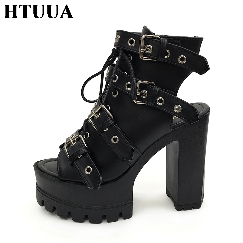

HTUUA 2018 Casual Fashion Summer Women Shoes Thick Platform Sandals Rome Hollow Out Open Toe Soft Leather Sexy High Heels SX1039
