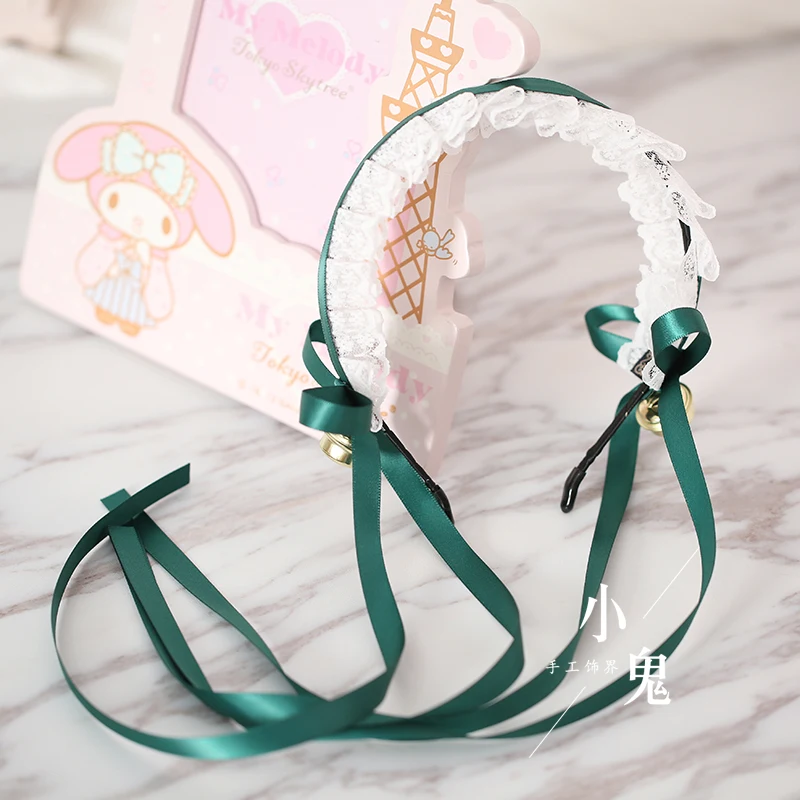 Dark green(big bell) Японская Корейская Мягкая головная повязка в стиле Лолиты, белая кружевная лента для волос ручной работы KC, женские аксессуары для волос в стиле аниме, повязка для волос, 20 цветов - Color: Dark green(big bell)