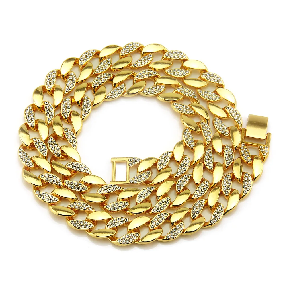 

18K Gold Man 30inch Gold Chain Rapper Bling Iced Out CZ Rhinestone Miami Cuban Link Necklace Miami Cuban Link Chain Necklace