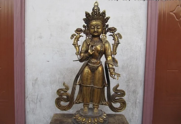 

Collectible bronze lion statue S0537 Tibet Folk Fane Bronze Gild Stand White TaRa padma Kwan-Yin Bodhisattva Buddha (B0328)