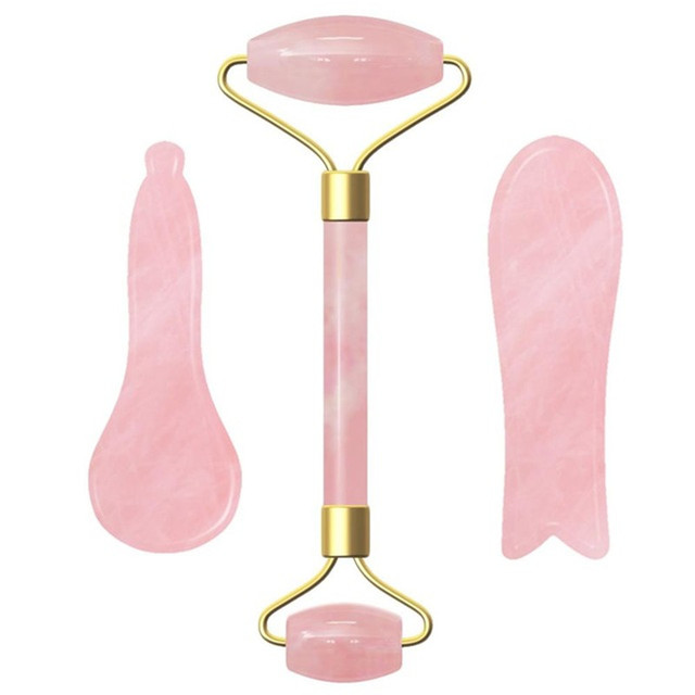 Natural Stone Jade Roller Facial Massager Portable Face Lift Tools Rose Quartz Face Roller Skin Care Gua Sha Set Tool