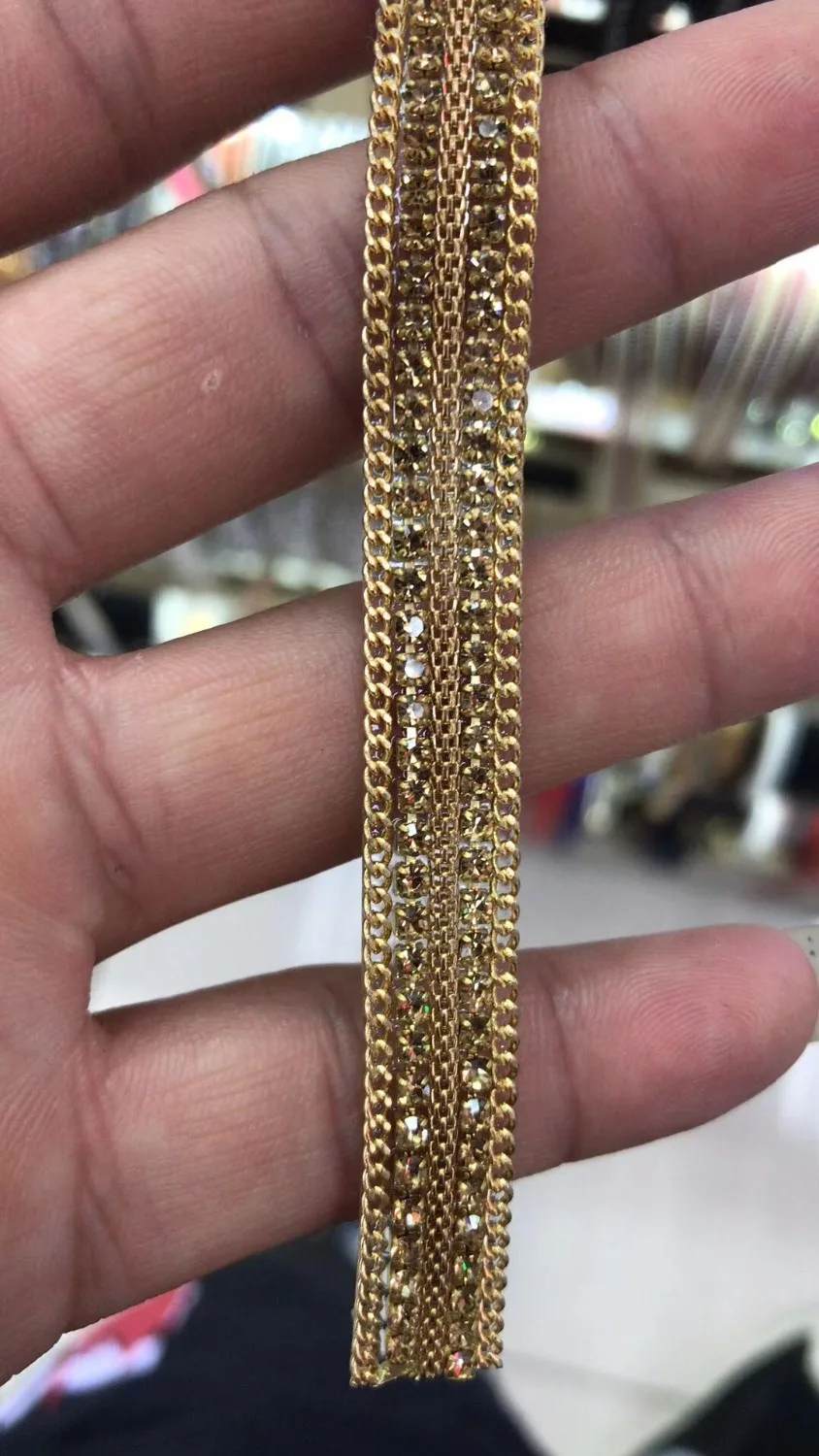 golden rhinestone trim,1 yard/lot,width 1cm,glass topaz gold chain for