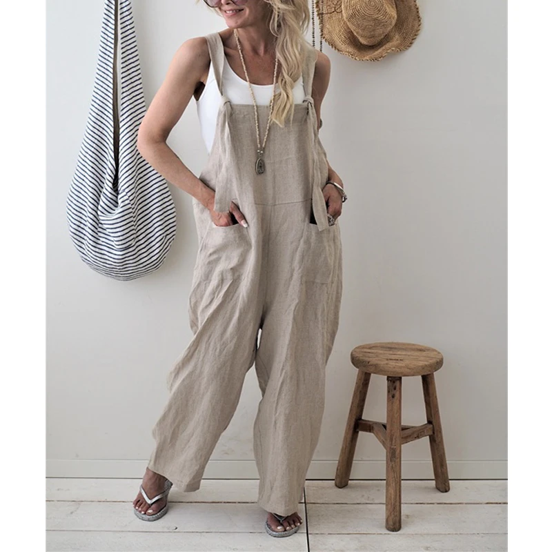 

2019 Spring Summer Women Casual Loose Overalls Cotton Linen Solid Pockets Rompers Jumpsuit Womens Wide Leg Cropped Pants