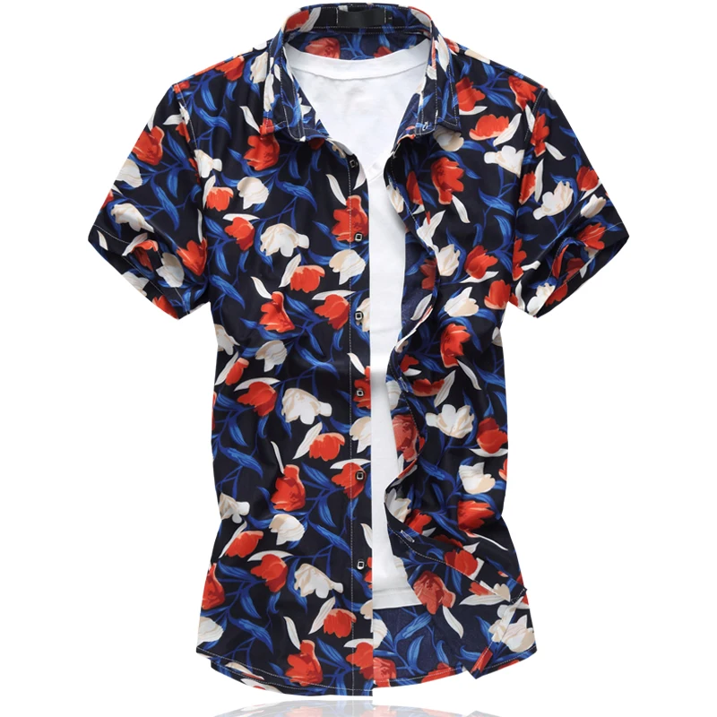 LONMMY Большие размеры 6XL Повседневное мужские рубашки цветок моды цветочный мужчин платье-футболка camisa masculina Короткие рукава рубашки лето