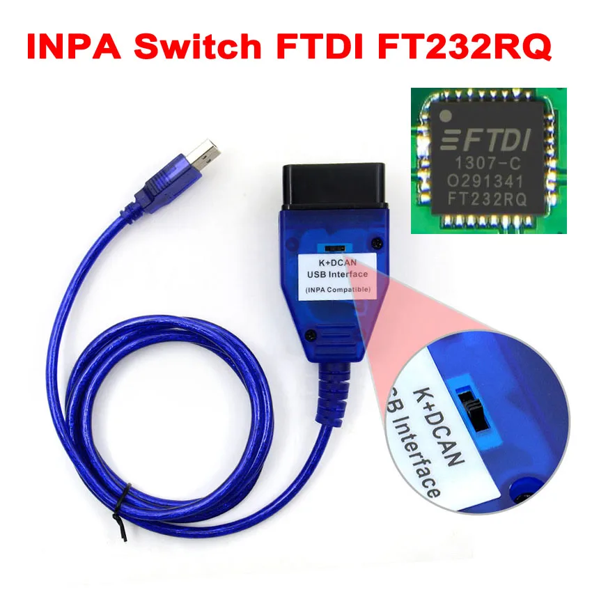 INPA K+ D CAN для BMW FTDI FT232RQ OBD OBD2 Диагностический кабель INPA K+ CAN FTDI FT232RL с переключателем для BMW OBDII сканер - Цвет: Switch FT232RQ Blue