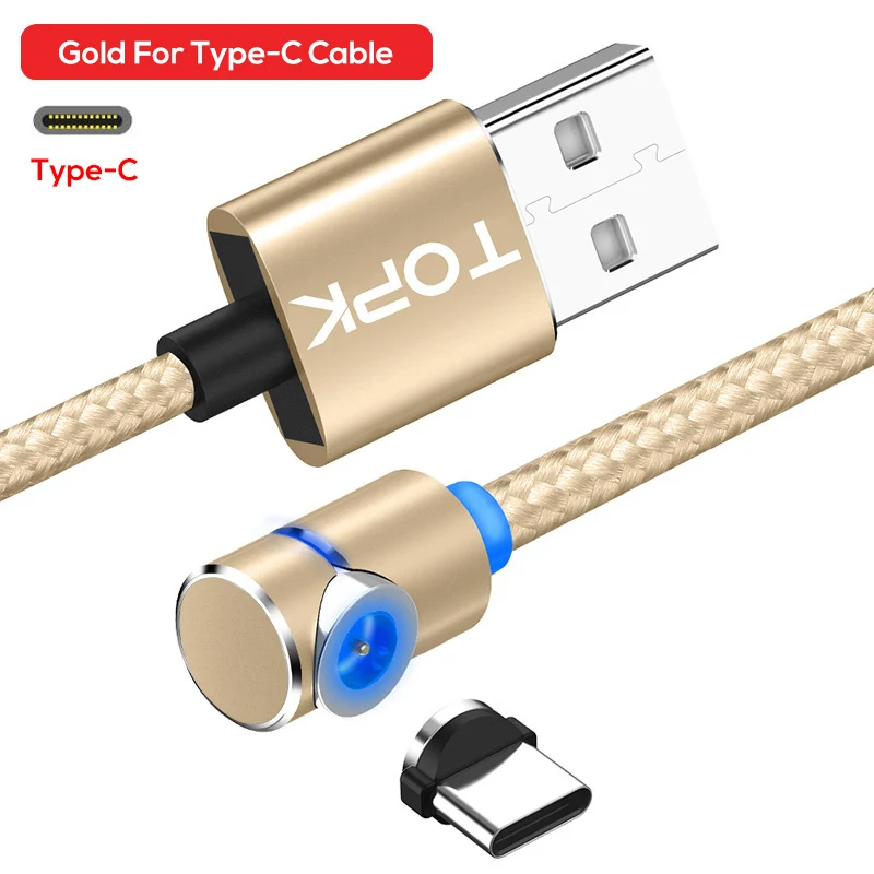 TOPK 1 м и 2 м 90 градусов L Тип Магнитный кабель usb Тип C нейлоновая оплетка светодиодный индикатор type-C кабель для USB C устройств для samsung - Цвет: Gold Cable