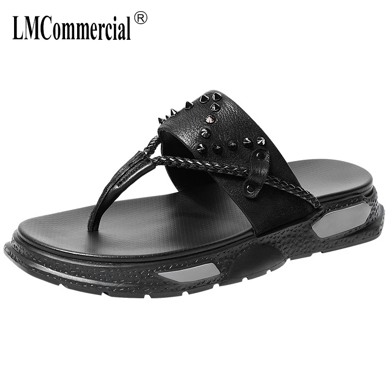 

Genuine leather beach shoes men fashion summer sandals outdoor thick sole anti-skid flip-flop slippers men rivets cowhide