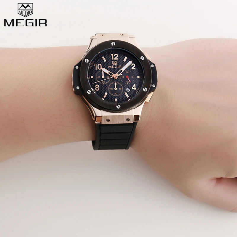 MEGIR Cycling Chronograph Men Sport Watches Men's Quartz Auto Date Clock Top Brand Luxury Man Rose Gold Watches relojes hombre