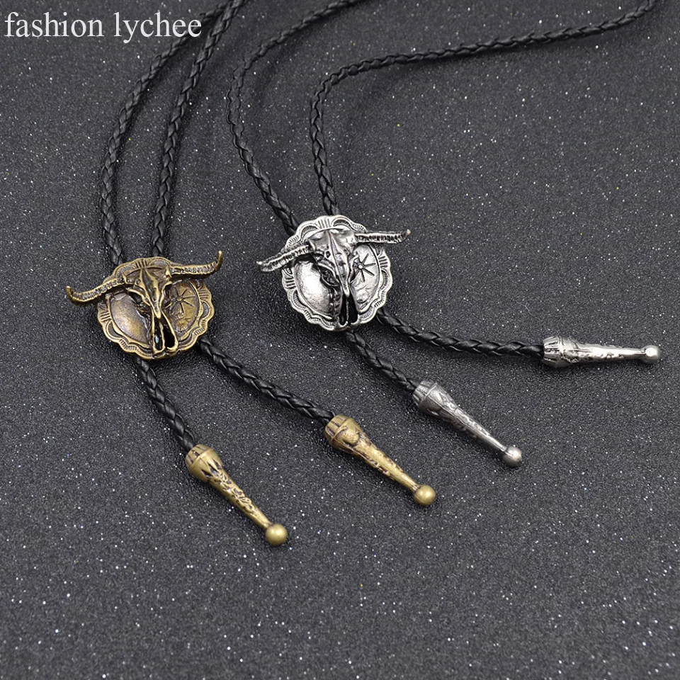 

fashion lychee Synthetic Leather Native American Bull Head Bolo Tie Suit Shirt Shoestring Necktie Handmade Necklace