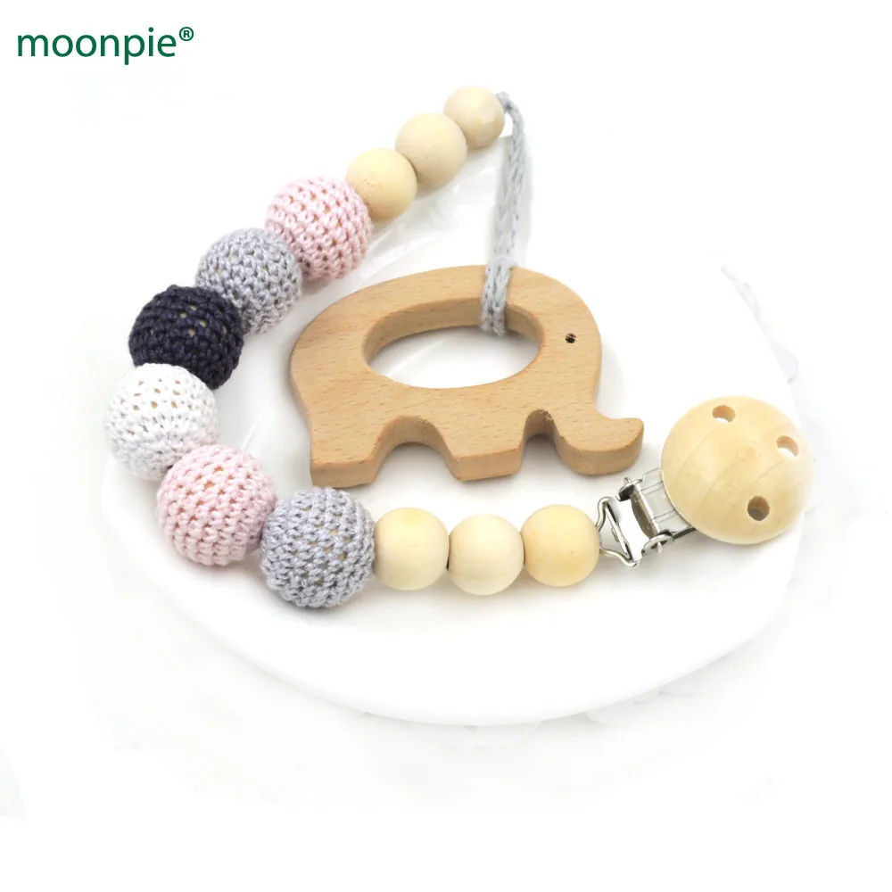 Neutral color baby Pacifier Clip Holder with beech Elephant Shaped Pendant Dummy holder Crochet beads new-born gift NT132