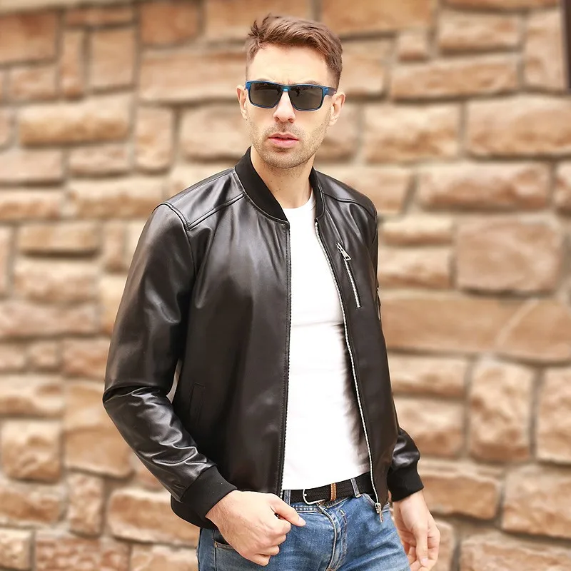 Black Luxury Aviation Genuine Leather Bomber Jacket Men Sheepskin Real Leather Flight Jacket Slim Pilot Coats Veste Cuir Homme