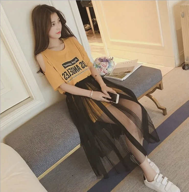

2019 Summer New Arrival Sweet Letter Print Woman Dresses Fashion O-Collar Elegance Mesh Midi Korean Style Women Clothing