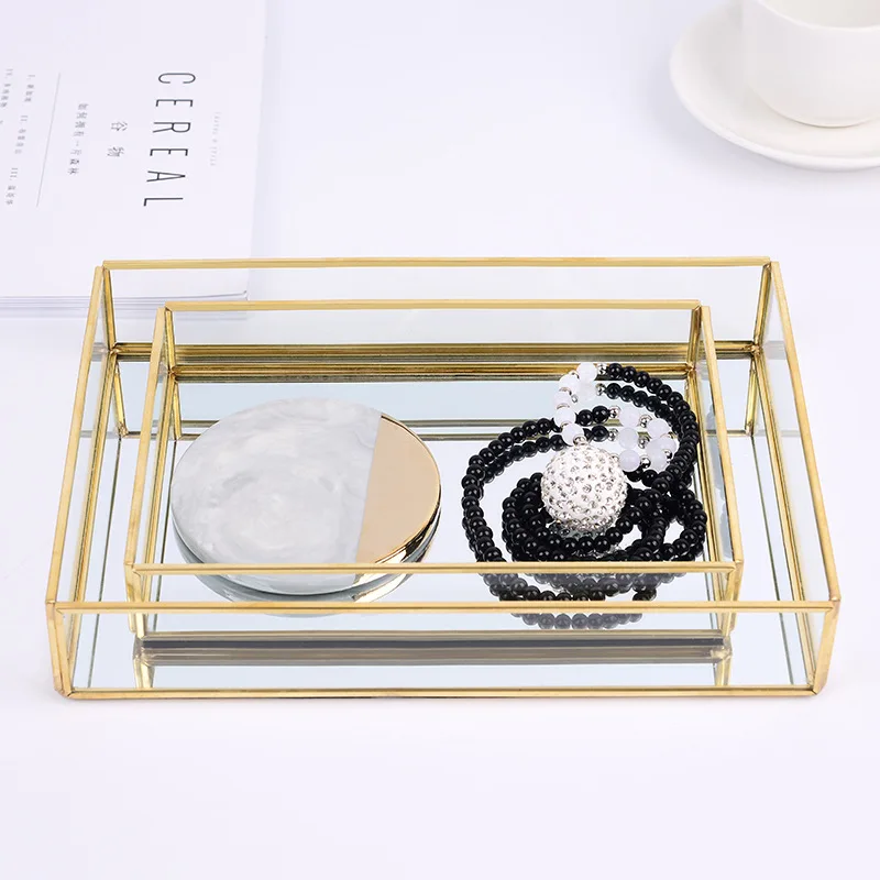 Нордический латунный лоток для хранения, золотой прямоугольник, стеклянный органайзер для макияжа, акриловая винтажная тарелка для десерта, ювелирный дисплей, домашний декор