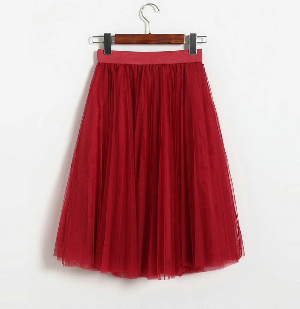 Для женщин тюль сетка 62 см юбка Эластичная Высокая талия кружева плиссированные Твердые - Цвет: Wine Red
