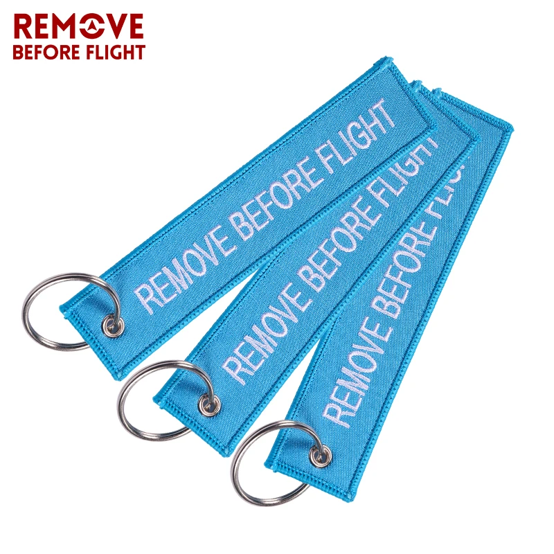 Remove Before Flight Key Chains Berloques Important Tag Sky Blue Embroidery Key Fobs Chains Jewelry Aviation Gifts Chaveir2