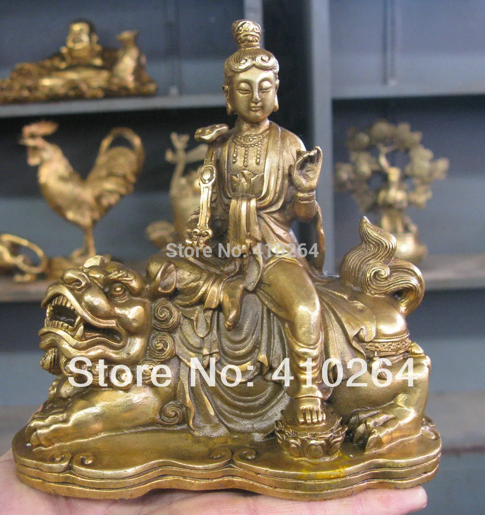 

$old craft$ Guanyin Bodhisattva Manjushri good luck lion foo dog bronze statue (A0321)