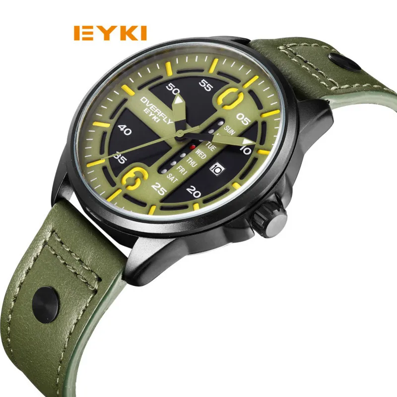 

EYKI Men Watches Brand Fashion Leather Strap Quartz Watch Gentleman Date Week Display Military Sports Clock Relogio Masculino