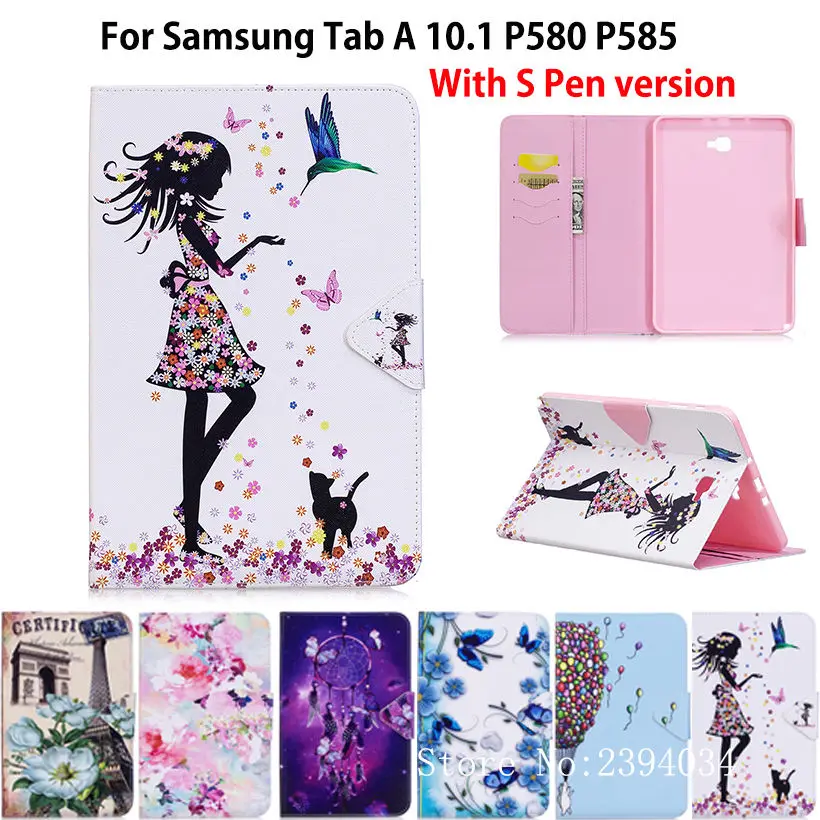 Чехол для планшета для samsung Galaxy Tab A, A6, 10,1,, P580, P585, SM-P580, с S ручкой, чехол, модный, для девочек, с кошкой, с подставкой, кожаный чехол