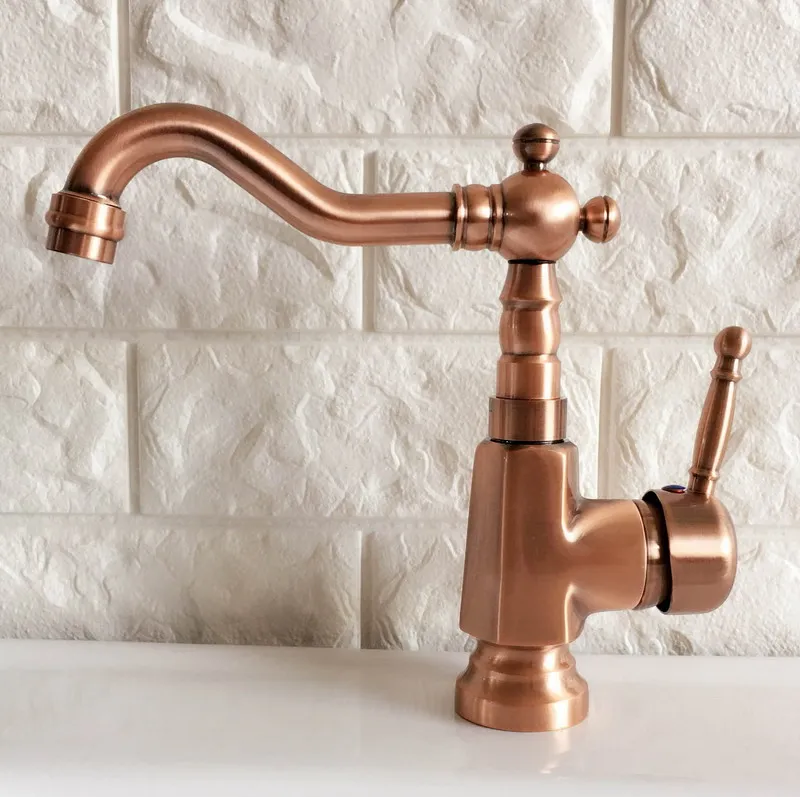 Antique Red Copper Brass Bathroom Kitchen Basin Sink Faucet Mixer Tap Swivel Spout Single Handle One Hole Deck Mounted mnf395