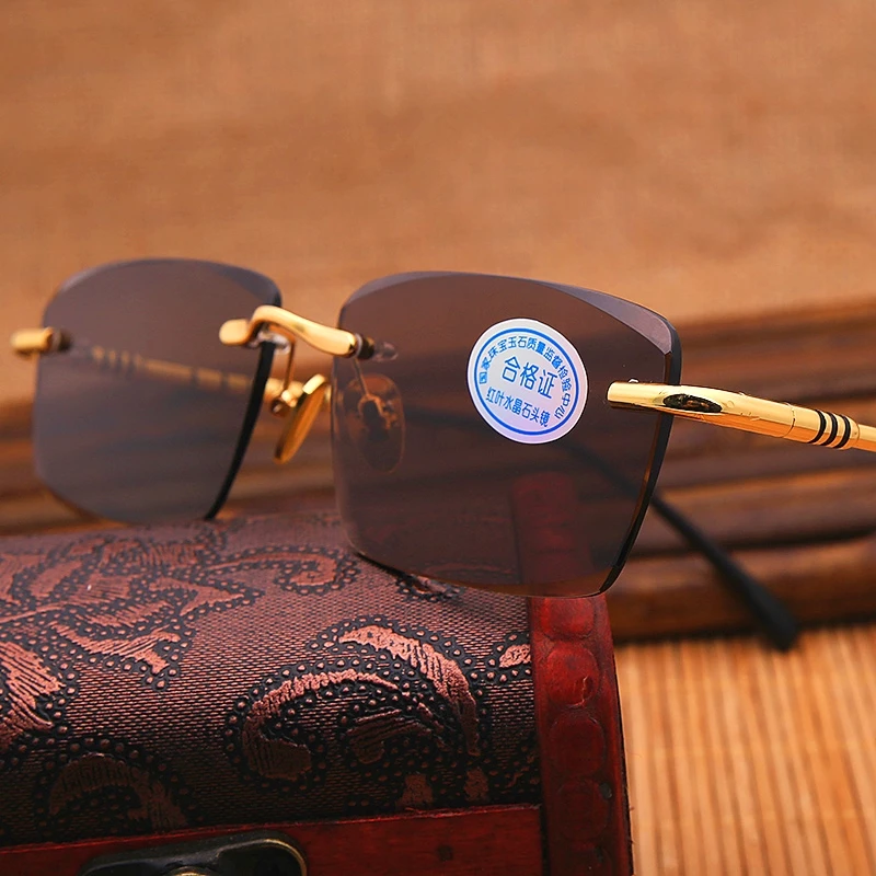 

Vazrobe Glass Sunglasses Men Brown Yellow Sun Glasses for Man Crystal Stone Lens Sunglass Rimless Anti Reflection UV400