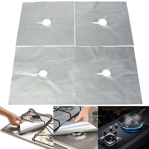 4PCS Reusable Aluminum Foil Gas Stove Burner Cover Protector Liner Mat