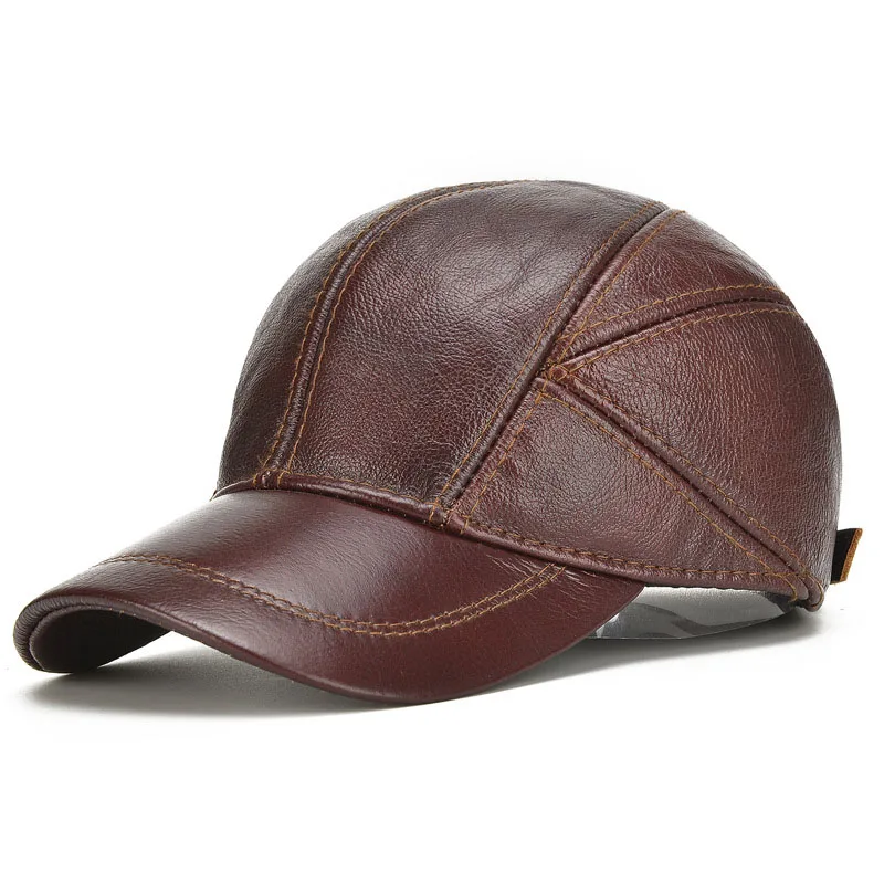 Men Cap Warm Winter Baseball Caps Genuine Leather Adjustable Hat with Ear Flaps Adult Solid Color Fashion Casual Men hat 3 Color - Цвет: As shown