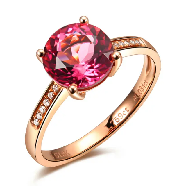 Luxe GVBORI 18 K Rose Bague En Or Incrust Avec Rouge Tourmaline Diamant Anneau de Pierre